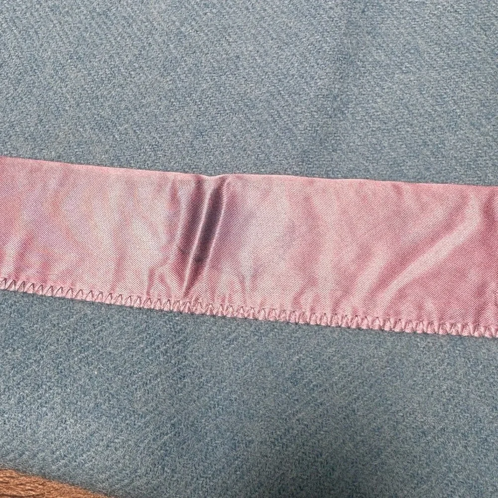 Vintage Blue Wool Blanket Lavender Satin Trim ‎ Mid Century Modern 62